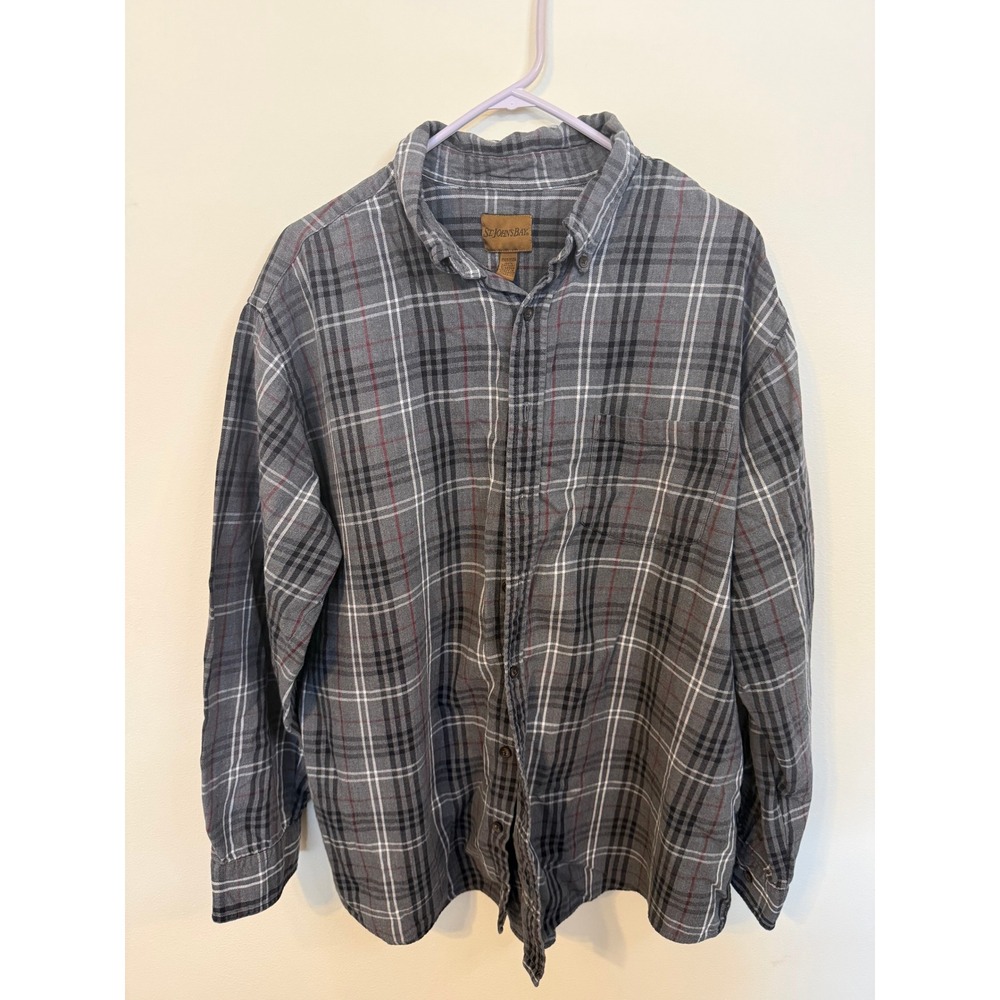 St. Johns Bay Button Down Men 2XLT Grey Excellent Plaid Long Sleeve Flannel